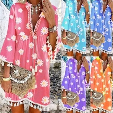 Bohemian Daisy Print V-Neck Dress For Women 3/4 Sleeve Tassel Hem Polyester Summer Beach Vacation Casual A-Line Dress