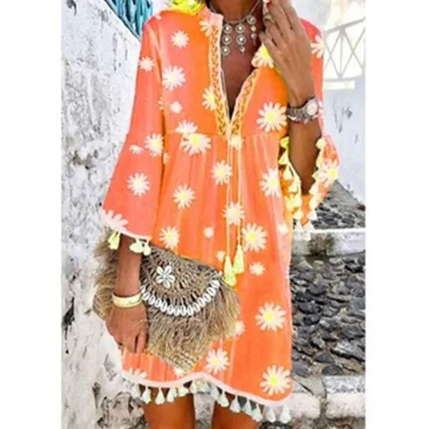 Bohemian Daisy Print V-Neck Dress For Women 3/4 Sleeve Tassel Hem Polyester Summer Beach Vacation Casual A-Line Dress