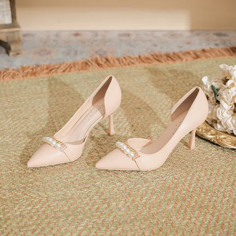 Women Pointed Toe Stiletto High Heels Elegant Artificial Pearl Strap Side Hollow Pumps Microfiber Versatile Commute Dress Shoes