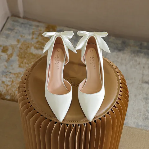 Women's Pointed Toe Bow Satin High Heels Stiletto D'Orsay Pumps For Wedding Banquet Elegant Formal Shallow Mouth Dress Shoes