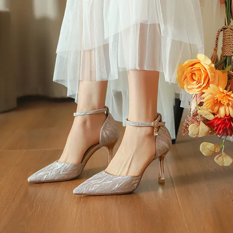 Tacones Altos de Purpurina para Mujer Zapatos de Punta y Tacón de Aguja Sandalias con Tira al Tobillo Strass Champaña Plateado Boda