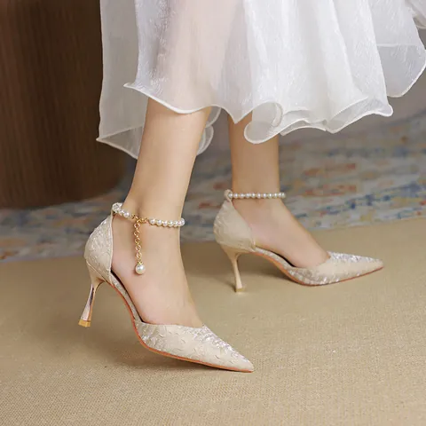 Women Pointed Toe High Heels Satin Artificial Pearl Ankle Strap Stiletto Pumps Hollow Out Banquet Party Dress Shoes