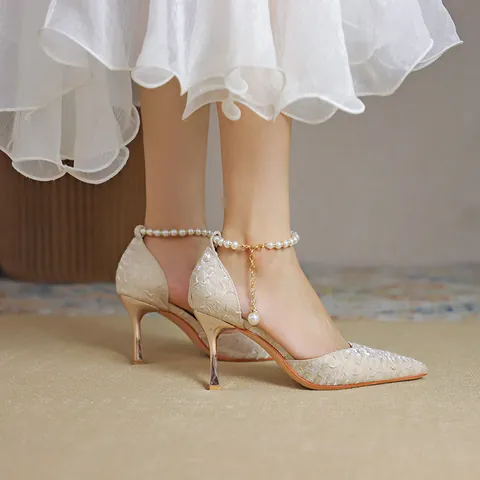 Women Pointed Toe High Heels Satin Artificial Pearl Ankle Strap Stiletto Pumps Hollow Out Banquet Party Dress Shoes