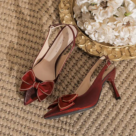 Women Elegant Satin Pointed Toe Slingback High Heels Stiletto Pumps With Double Bow Detail For Commuting Office Wedding