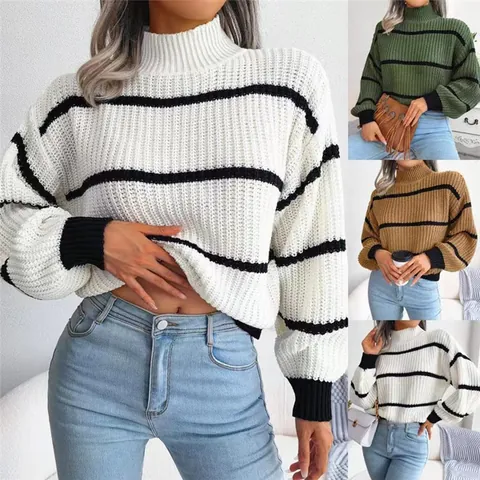 Women Striped Mock Neck Lantern Sleeve Knitted Pullover Sweater Casual Loose Knit Jumper Top Autumn Winter Fashion Jumper