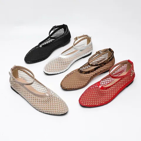 Mocassins Été en Maille pour Femmes Respirant Bout Rond Chaussures Mary Jane Décontracté Sangle Chaussures Plates