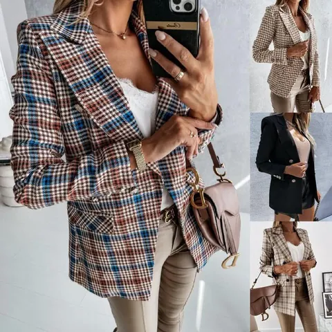 Women Plaid Blazer Double Breasted British Style Houndstooth Suit Jacket Formal Office Commute Fashion Ladies Top