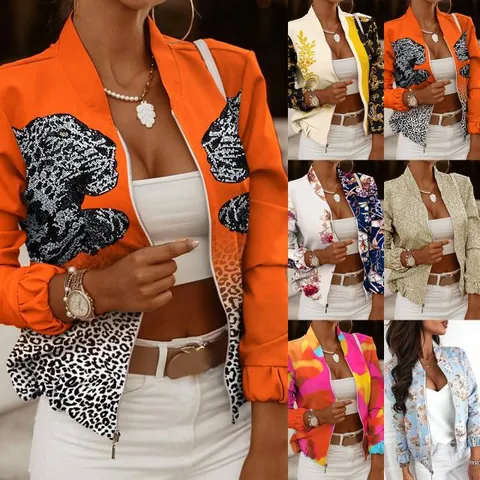 Veste Cardigan à Manches Longues et Fermeture Éclair pour Femme Col Montant Imprimé Léopard Floral Paillettes Bomber Court