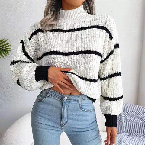 Women Striped Mock Neck Lantern Sleeve Knitted Pullover Sweater Casual Loose Knit Jumper Top Autumn Winter Fashion Jumper