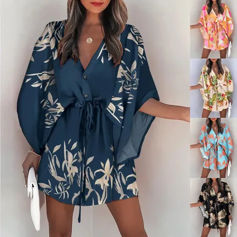 Damen Hemdkleid Mit V-Ausschnitt Druckknopf Tunnelzug Taille Kurzarm Sommer Boho Abstrakt Tropisches Blatt Minikleid Lässige Elegante Streetwear
