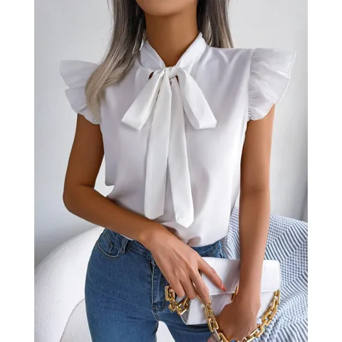 Women's Summer Solid Color Chiffon Blouse Bow Tie Stand Collar Ruffle Flutter Sleeve Pullover Shirt Casual Office Top