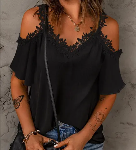 Damen Sexy Wimpernspitze V-Ausschnitt Schulterfrei Kurzarm Top Polyester Ausgehöhlt Lässig Sommer T-Shirt Bluse
