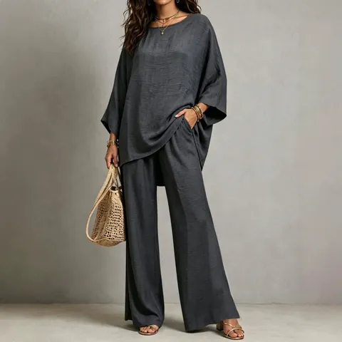 Women's Cotton Polyester Blend Top And Bottom Oversized Round Neck Top And Wide Leg Pants Casual Summer Outfit