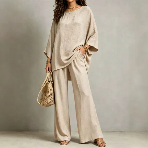 Women's Cotton Polyester Blend Top And Bottom Oversized Round Neck Top And Wide Leg Pants Casual Summer Outfit