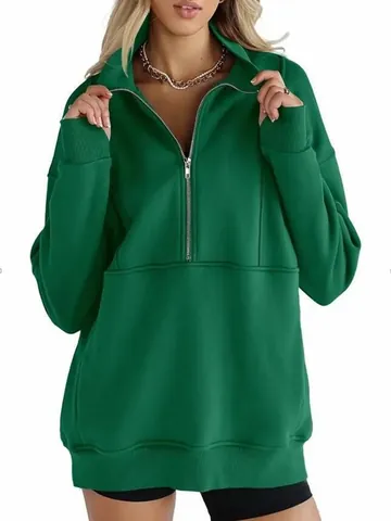 Women Casual Polar Fleece Half Zip Sweatshirt Loose Stand Collar Long Sleeve Splicing Solid Color Warm Pullover Top