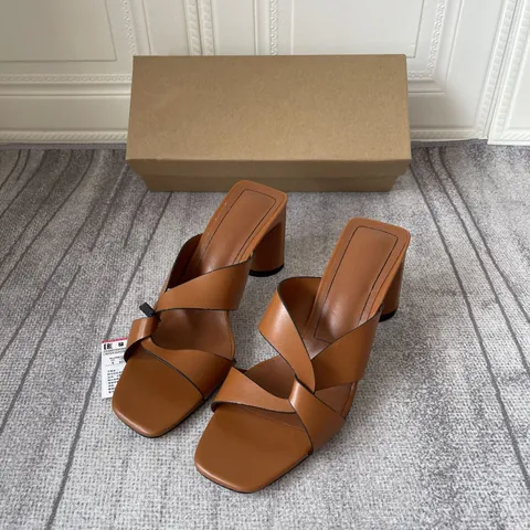 Sandali da Donna alla Moda con Punta Quadrata e Cinturino Incrociato Tacco Largo Minimalista Punta Aperta Sabot con Tacco Alto in Marrone Nero Bianco