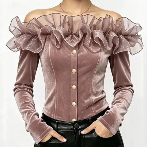 French Style Off-Shoulder Velvet Blouse Women Flower Bud Collar Slim Fit Top Long Sleeve Shirt With Gold Buttons