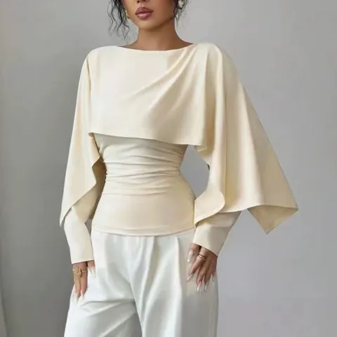 Top Elegante de Capa y Poncho para Mujer Cuello Redondo Corte Ajustado Manga Larga Diseño Escalonado Color Sólido Blusa Casual