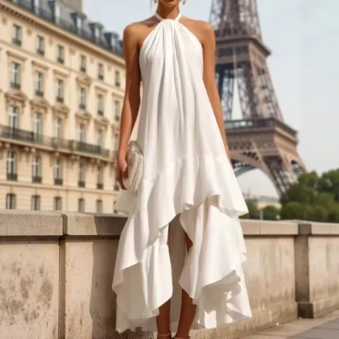 Abito da Donna Scollo all'Americana con Volant a Strati Bordo Irregolare Senza Maniche Elegante Vacanza Midi Vestito Lino Poliestere