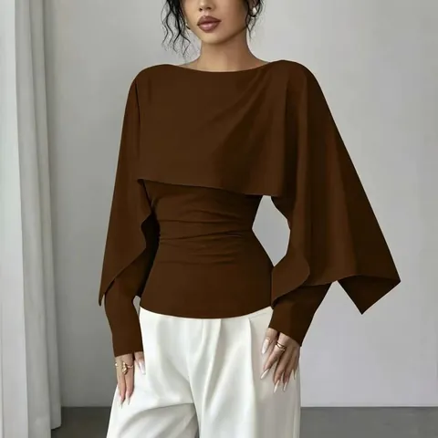 Top Elegante de Capa y Poncho para Mujer Cuello Redondo Corte Ajustado Manga Larga Diseño Escalonado Color Sólido Blusa Casual