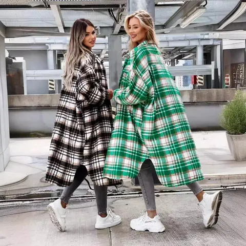 Giacca da Donna Lunga a Quadri alla Moda Oversize Maniche Lunghe Shacket con Bottoni Colletto a Revers Cappotto a Quadri