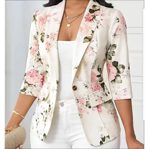 Women's Floral Print Acrylic Blazer Three-Quarter Sleeve Lapel Single Button Fashion Jacket Casual Office Work Top