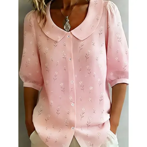 Women Peter Pan Collar Floral Print Blouse Short Puff Sleeve Button Down Casual Polyester Shirt Summer Top