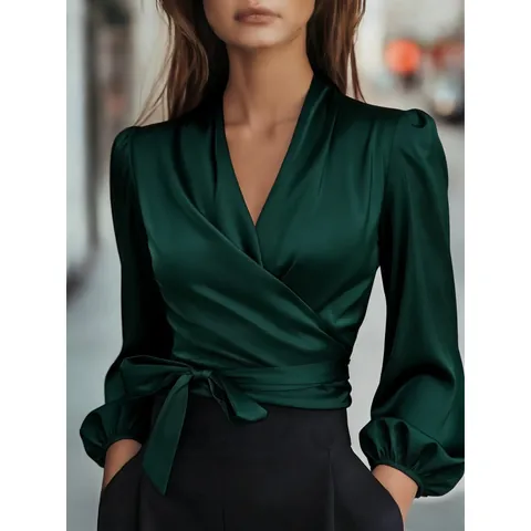 Women Elegant V Neck Satin Blouse Lantern Long Sleeve Wrap Tie Waist Top Solid Color Urban Commute Fashion Shirt