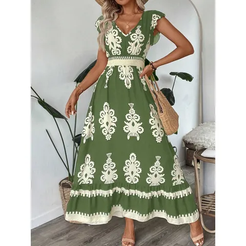 Vestido Largo Bohemio para Mujer con Cuello en V Mangas de Mariposa Cintura Fruncida Poliéster Estampado Floral Casual