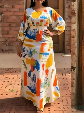 Women Abstract Art Print Long Sleeve Top And Maxi Skirt Co-ords Set Autumn 2026 Elegant Polyester Top And Bottom Set