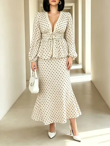 Plus Size Women V-neck Polka Dot Top And Bottom Skirt Set Lace Patchwork Long Sleeve Blouse Mermaid Long Skirt Two Piece Set