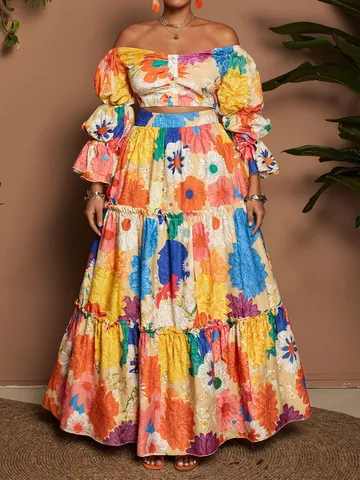 Plus Size Women Floral Print Two Piece Set Off Shoulder Puff Sleeve Top And Tiered Maxi Skirt Elegant Boho Vacation Outfit