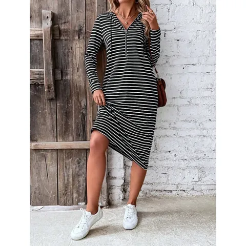 Women Striped Hooded Midi Dress Cotton Polyester Long Sleeve Slim Fit Zipper Bodycon Casual Knitted Pencil Dress