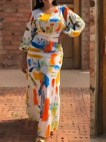 Women Abstract Art Print Long Sleeve Top And Maxi Skirt Co-ords Set Autumn 2026 Elegant Polyester Top And Bottom Set