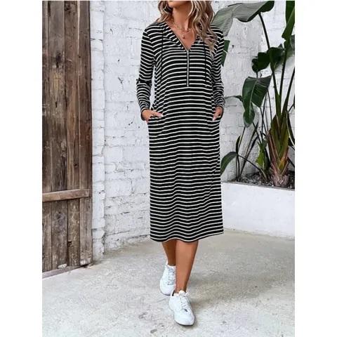 Women Striped Hooded Midi Dress Cotton Polyester Long Sleeve Slim Fit Zipper Bodycon Casual Knitted Pencil Dress
