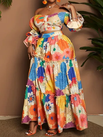 Plus Size Women Floral Print Two Piece Set Off Shoulder Puff Sleeve Top And Tiered Maxi Skirt Elegant Boho Vacation Outfit