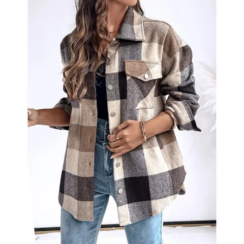 Dames Geruite Shacket Lange Mouw Button Down Overhemd Jas Revers Kraag Oversized Polyester Geruite Bovenkleding Voor De Winter