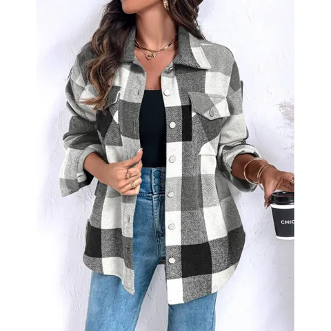 Dames Geruite Shacket Lange Mouw Button Down Overhemd Jas Revers Kraag Oversized Polyester Geruite Bovenkleding Voor De Winter