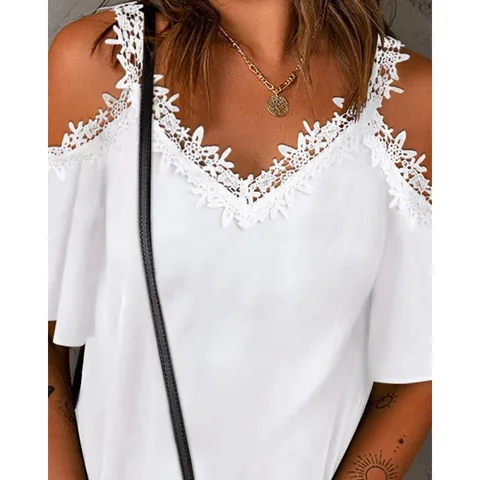 Damen Sexy Wimpernspitze V-Ausschnitt Schulterfrei Kurzarm Top Polyester Ausgehöhlt Lässig Sommer T-Shirt Bluse