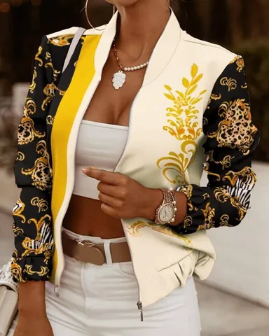 Veste Cardigan à Manches Longues et Fermeture Éclair pour Femme Col Montant Imprimé Léopard Floral Paillettes Bomber Court
