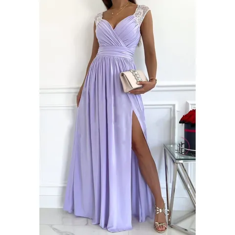 Polyester Spandex Sexy V Neck Sleeveless Lace Split Long Dress Elegant Solid Color Ruched Waist Cocktail Party Maxi Dress