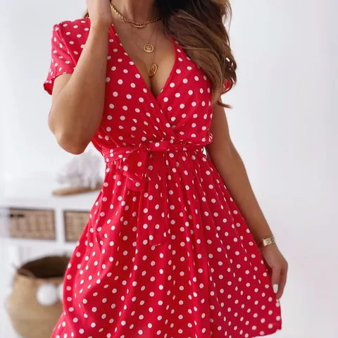 Abito da Donna Estivo in Poliestere a Pois Scollo a V Manica Corta Vestibilità Aderente con Lacci Abito Mini per Ufficio