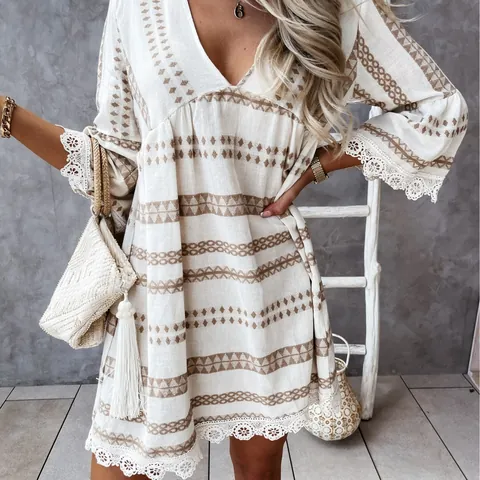 Vestido Bohemio para Mujer Cuello en V Borde de Encaje Mangas Acampanadas Estampado Geométrico Poliéster Verano Playa