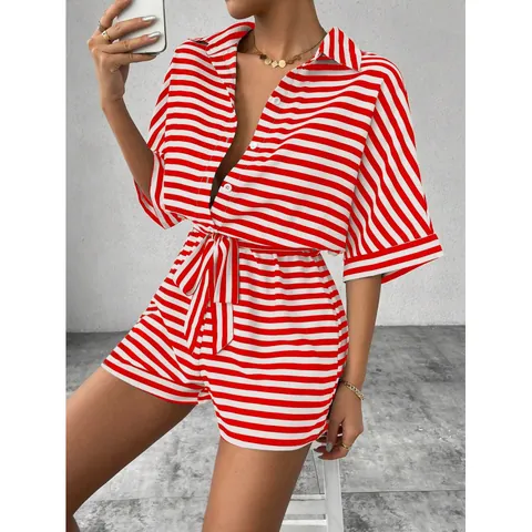 Pagliaccetto a Righe da Donna Jumpsuit Manica Corta Risvolto Bottoni Con Cintura Estate Casual Moda Playsuit Poliestere Stampato