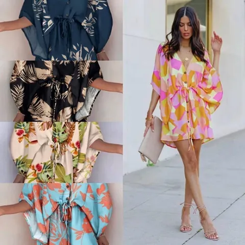 Damen Hemdkleid Mit V-Ausschnitt Druckknopf Tunnelzug Taille Kurzarm Sommer Boho Abstrakt Tropisches Blatt Minikleid Lässige Elegante Streetwear