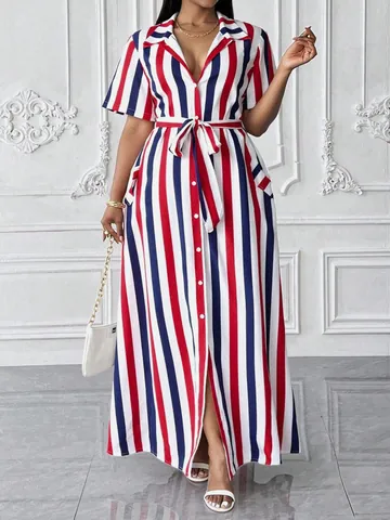 Women Plus Size Striped Print Polo Collar Short Sleeve Maxi Dress With Waist Tie Button Elegant Summer Vacation Beach Long Dress