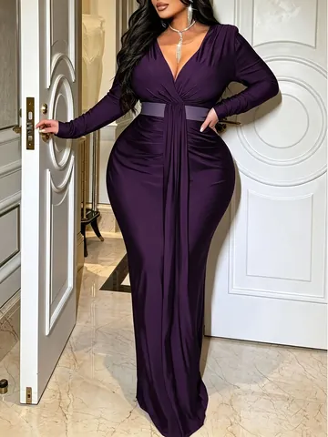 Women Plus Size Elegant V Neck Solid Color Long Sleeve Belted Ruched Maxi Dress Autumn Fashion Commute Party Clothing