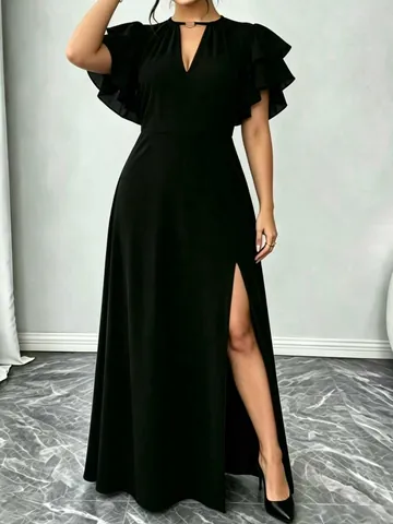 Women Plus Size V Neck Ruffle Sleeve Maxi Dress Elegant Solid Color High Slit Summer Vacation Party Long Dress