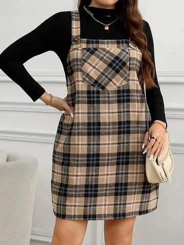 Vestido Pichi de Cuadros Talla Grande Mujer Cuello Cuadrado Vestido Corto Elegante Línea A sin Mangas Otoño
