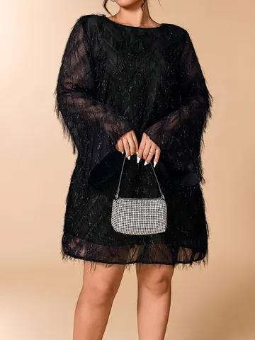 Plus Size Women Elegant Solid Black Fringe Tassel Dress Flare Sleeve Round Neck Bowknot Short Evening Party Dress